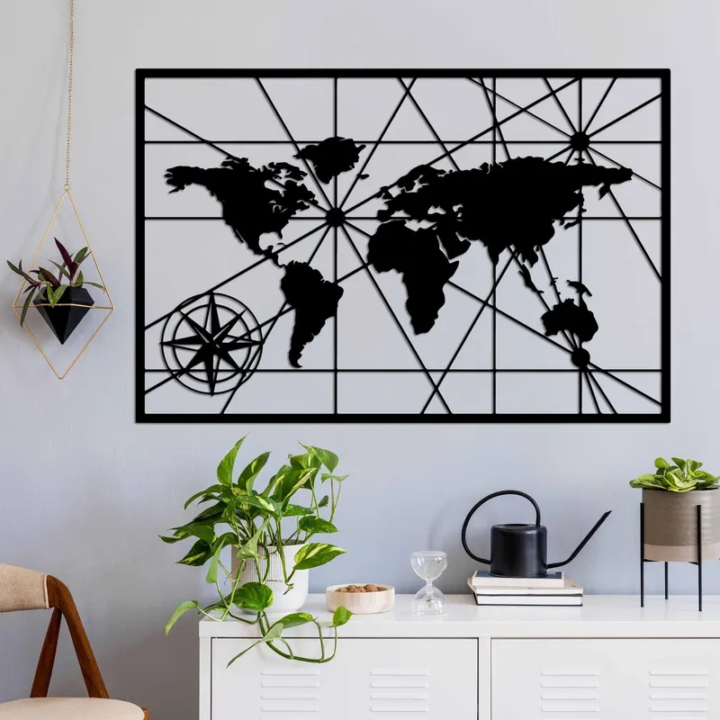 Decoratiune de perete Metal World Map 1, Negru, 74x49 cm - Negru