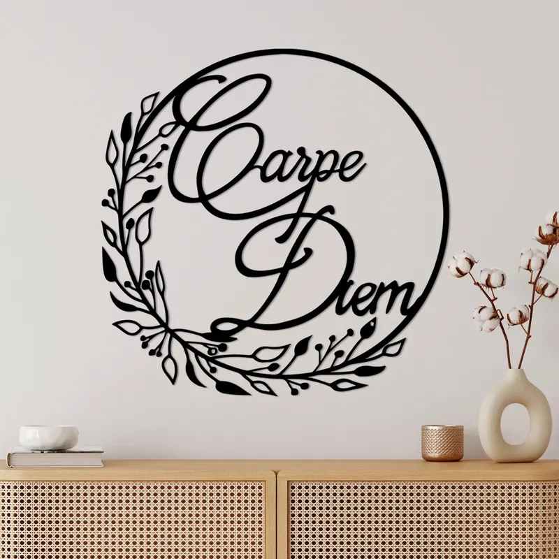 Decoratiune de perete Metal Carpe Diem 1, Negru, 56x56 cm - Negru