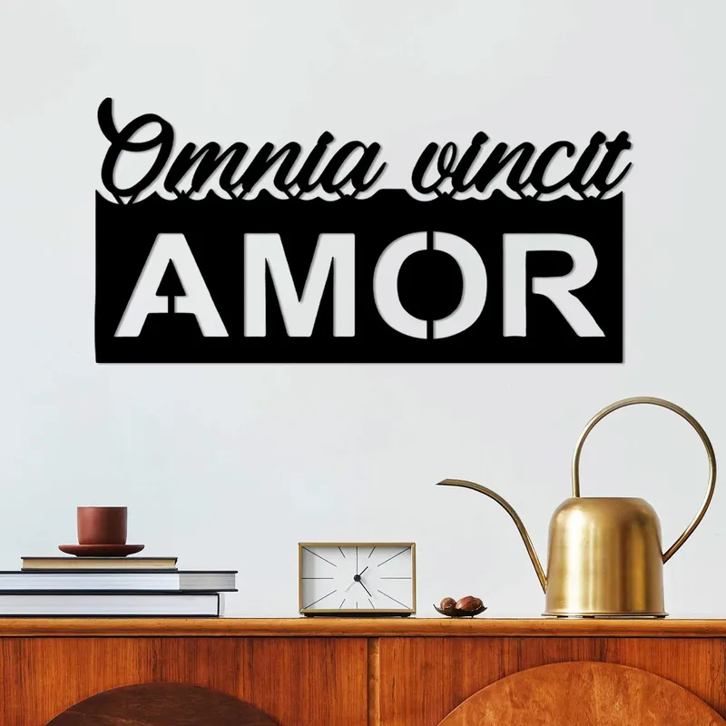 Decoratiune de perete Metal Omnia Vincit Amor 1, Negru, 60x30 cm - Negru