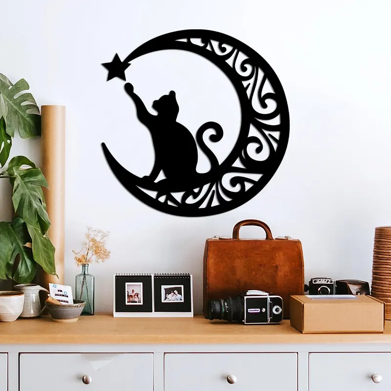 Decoratiune de perete Metal Cat 3, Negru, 55x55 cm - Negru