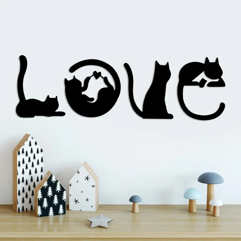 Decoratiune de perete Metal Cat 11, Negru, 60x19 cm - Negru