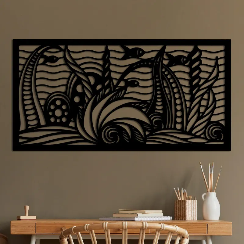 Decoratiune de perete Metal Ocean, Negru, 85x40 cm - Negru