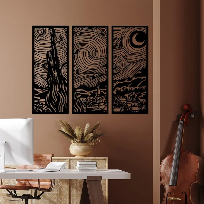 Decoratiune de perete Metal Vangogh, Negru, 3x30x73 cm - Negru