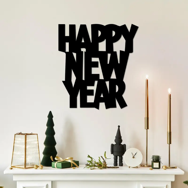 Decoratiune de perete Metal New Year 4, Negru, 31x33 cm - Negru