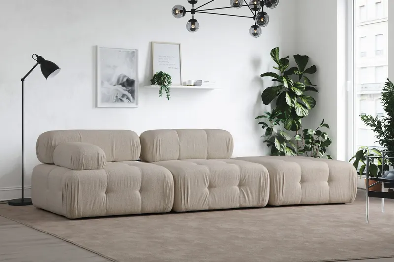 Canapea fixă 3 locuri Doblo (L1-O1-Pouffe) Cream Bouclette, Crem - Crem
