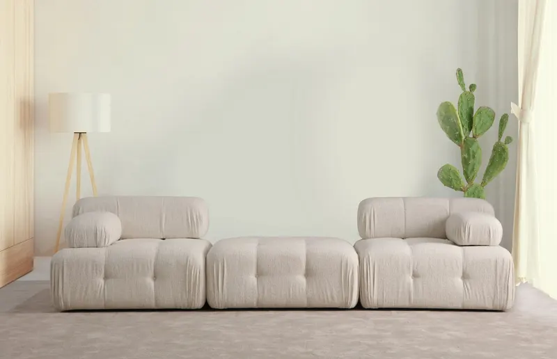 Canapea fixă 3 locuri Doblo (L1-Pouffe-1R) Bouclette, Crem - Crem