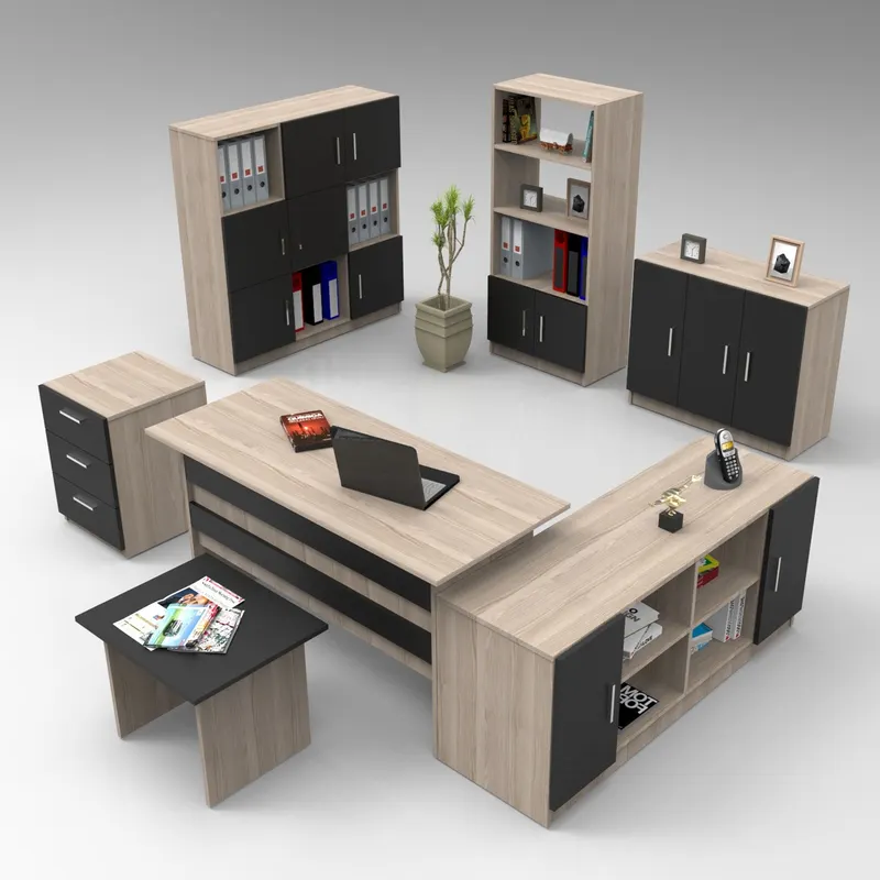 Set mobilier de birou Vo19-Ob, Stejar - Larx - Negru, 140x74x60 cm - Stejar - Negru