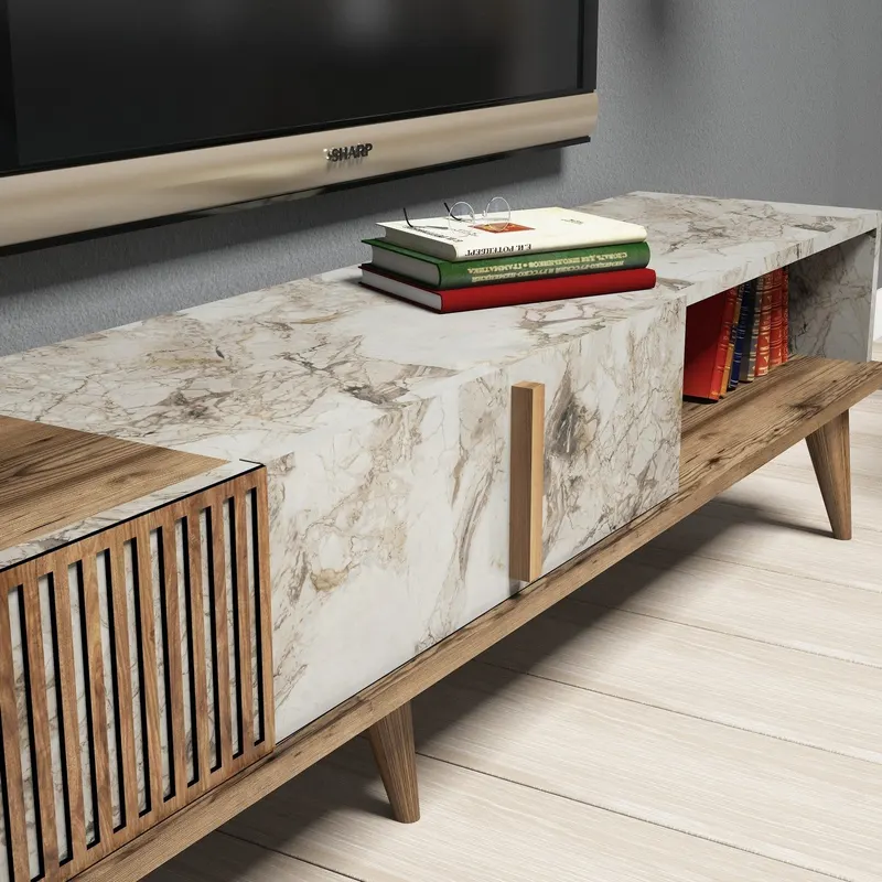 Set mobilă pentru sufragerie Milan - Walnut, White Marble, Nuc - Alb, 180x35x40 cm - Nuc - Alb