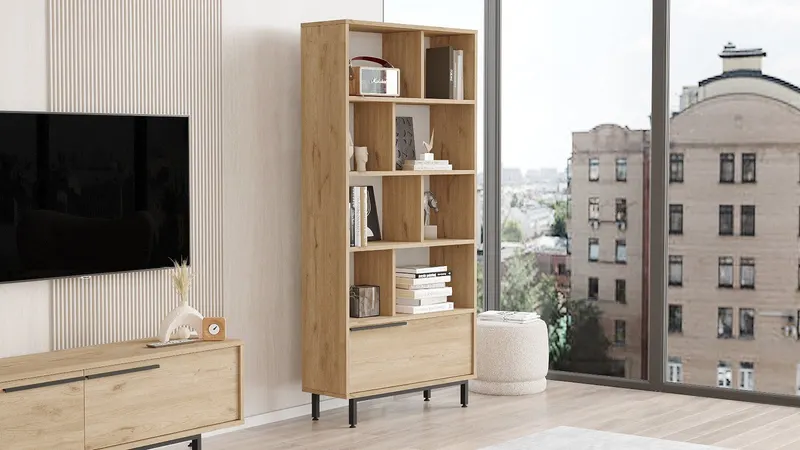 Bibliotecă On4-S, Nuc, 84x30x176 cm - Nuc