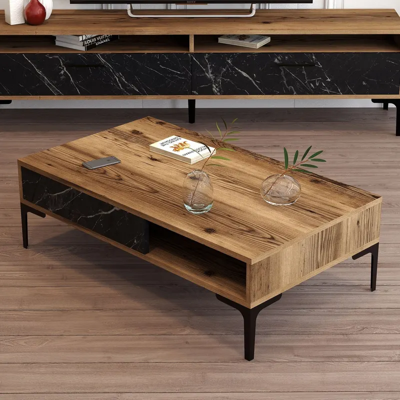 Măsuță de cafea Istanbul - Walnut, Black Marble, Nuc - Negru, 105x60x33 cm - Nuc - Negru