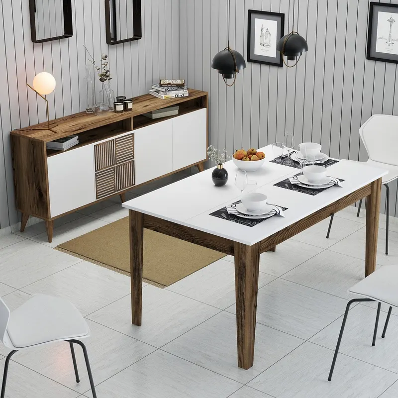 Set mobilă pentru sufragerie Milan 522, Nuc - Alb, 180x35x79 cm - Nuc - Alb