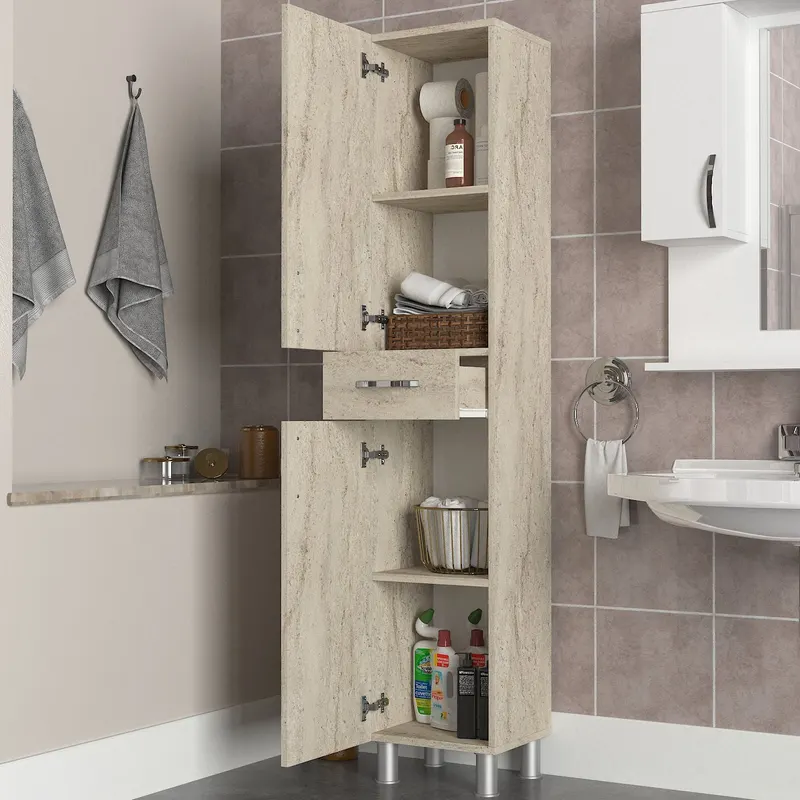 Dulap de baie Selin 2 Doors 1 Drawer, Travertin, 35x31x179 cm - Bej