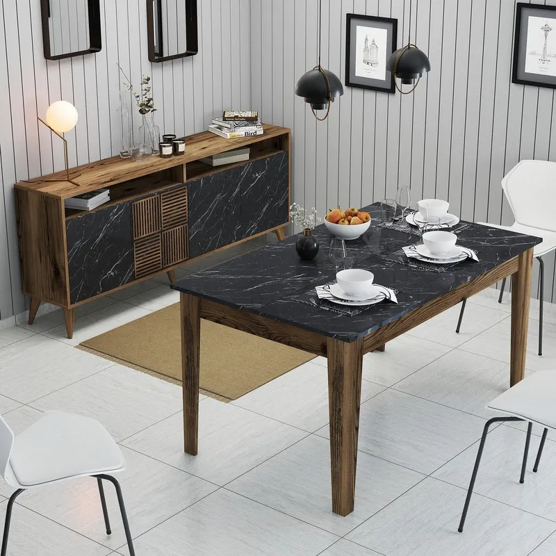 Set mobilă pentru sufragerie Milan 526, Nuc - Negru, 180x35x79 cm - Nuc - Negru