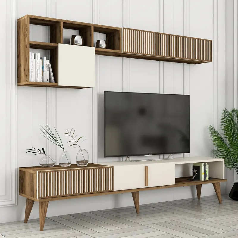 Set mobilă pentru sufragerie Milan Set 482, Nuc - Crem, 180x35x40 cm - Nuc - Crem