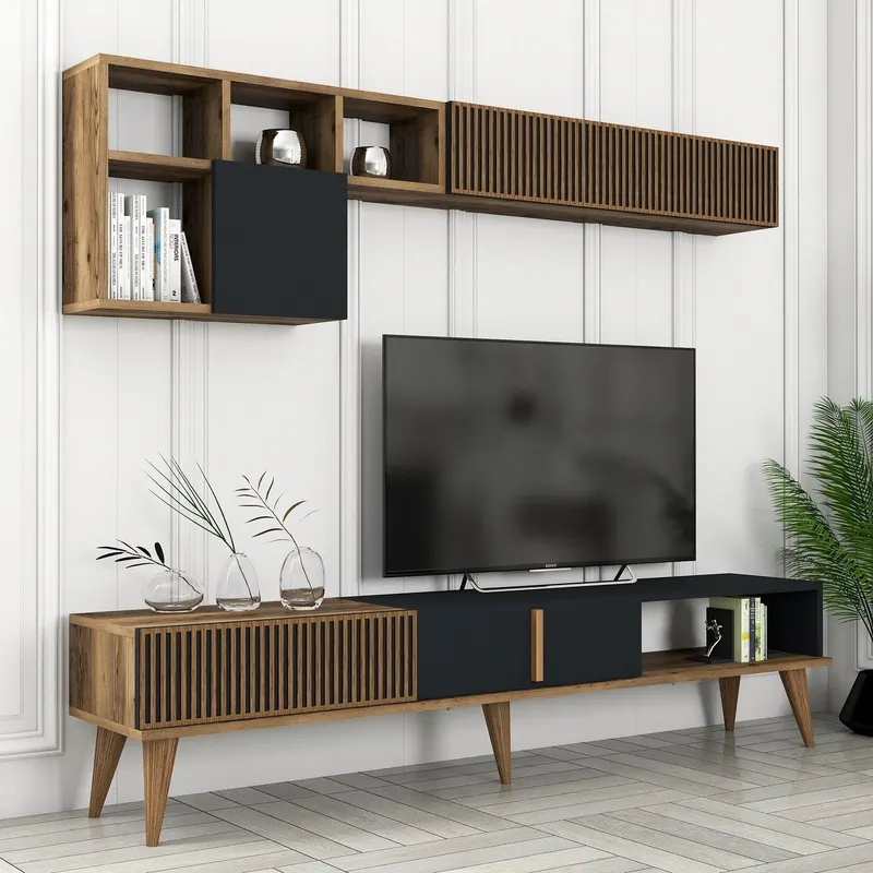 Set mobilă pentru sufragerie Milan Set 483, Nuc - Antracit, 180x35x40 cm - Nuc - Antracit