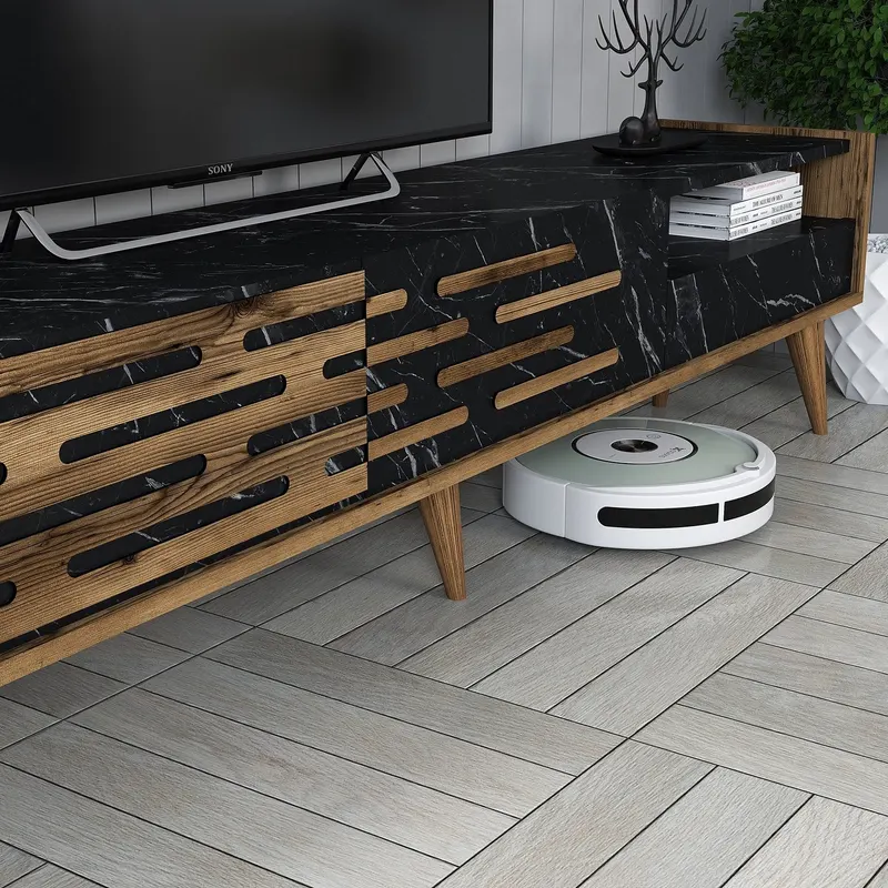 Comodă TV Valensiya, Nuc - Negru - Marble, 180x45x35 cm - Nuc - Negru