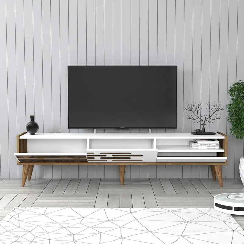 Comodă TV Valensiya, Nuc - Alb, 180x45x35 cm - Nuc - Alb