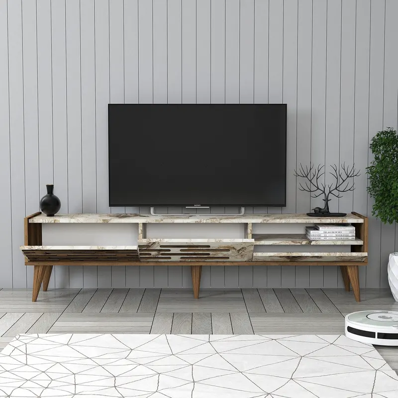 Comodă TV Valensiya, Nuc - Alb - Marble, 180x45x35 cm - Nuc - Alb