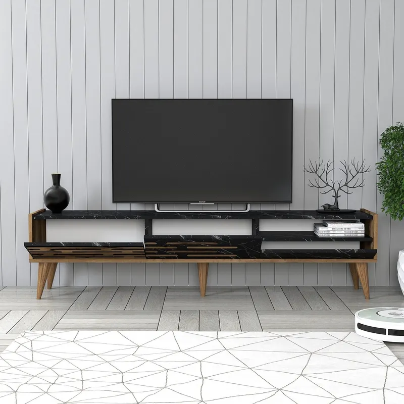 Comodă TV Valensiya, Nuc - Negru - Marble, 180x45x35 cm - Nuc - Negru
