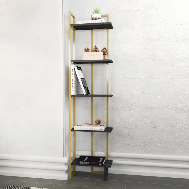 Bibliotecă Alice, Negru - Auriu, 45x22x180 cm - Negru - Auriu