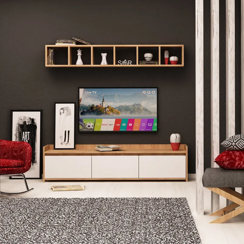 Comodă TV Liçi, Stejar - Alb, 150x35x45 cm - Stejar - Alb