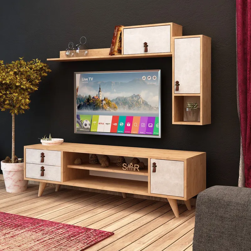 Comodă TV Eleva, Stejar - Alb, 140x15x80 cm - Stejar - Alb