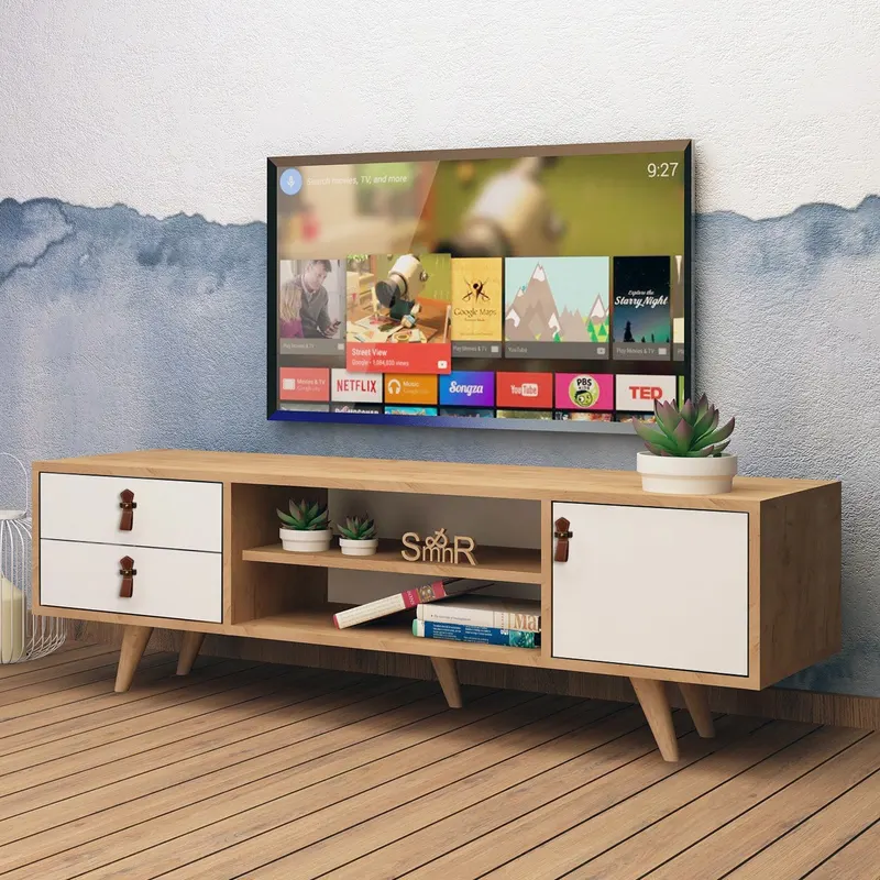 Comodă TV Lara, Stejar - Alb, 120x40x53 cm - Stejar - Alb