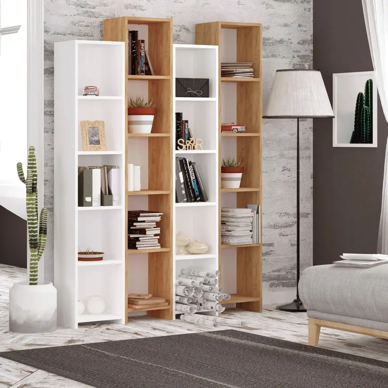 Bibliotecă Semm, Stejar - Alb, 34x25x180 cm - Stejar - Alb