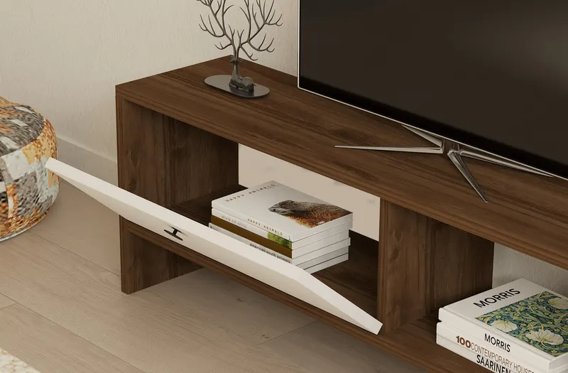 Comodă TV Gaye, Nuc - Alb, 120x25x37 cm - Nuc - Alb