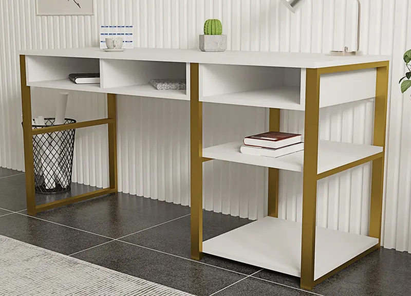 Birou Emro Gold, Alb - Auriu, 150x58x76 cm - Auriu - Alb