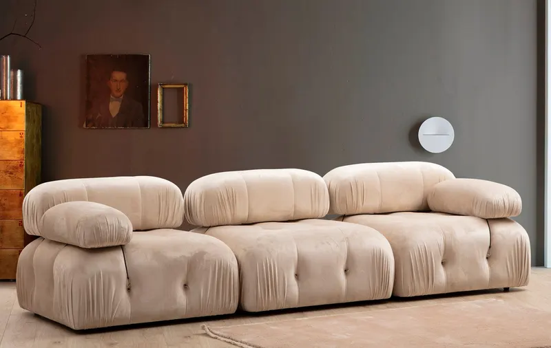 Canapea fixă 3 locuri Bubble (L1-O1-1R) - Velvet, Crem, 95x65x75 cm - Crem
