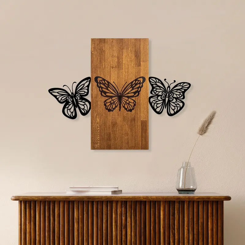 Decorațiune de perete din lemn Butterflies 2, Nuc - Negru, 74x58x3 cm - Natural - Nuc - Negru