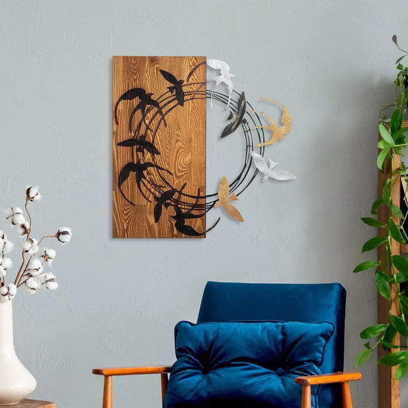 Decorațiune de perete din lemn Spiral Birds 2, Nuc - Negru, 58x58x3 cm - Natural - Nuc - Negru