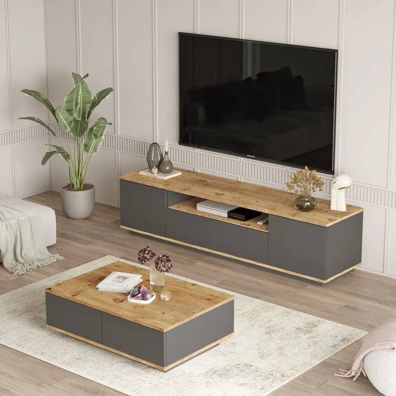 Set mobilă pentru sufragerie FR17-AA, Pin atlantic - Antracit, 180x45x45 cm - Natural - Antracit