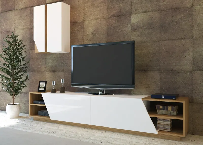 Comodă TV Zebra, Diverse culori, 240x38x47 cm - Alb - Teak
