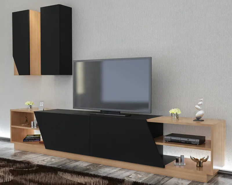 Comodă TV Zebra, Diverse culori, 240x38x47 cm - Negru - Teak