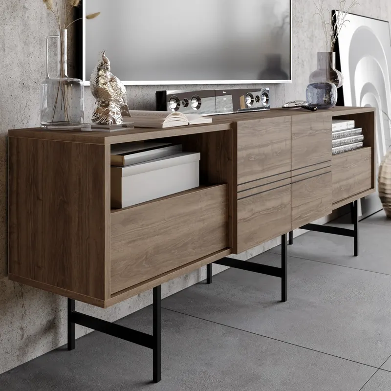 Comodă TV Derin, Diverse culori, 180x37x65 cm - Nuc - Negru