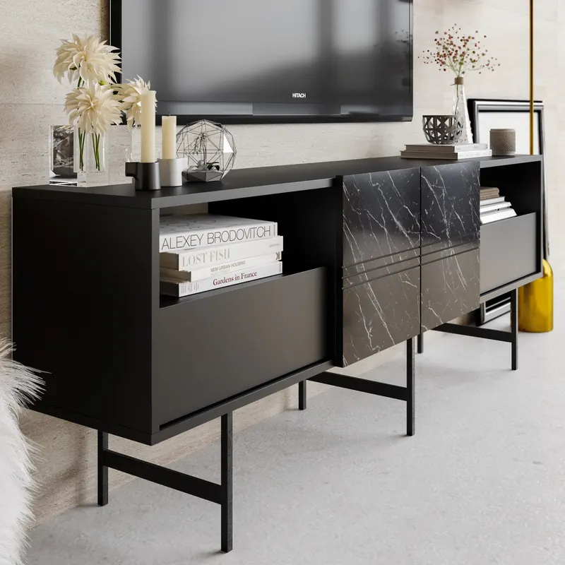 Comodă TV Derin, Diverse culori, 180x37x65 cm - Negru - Marble