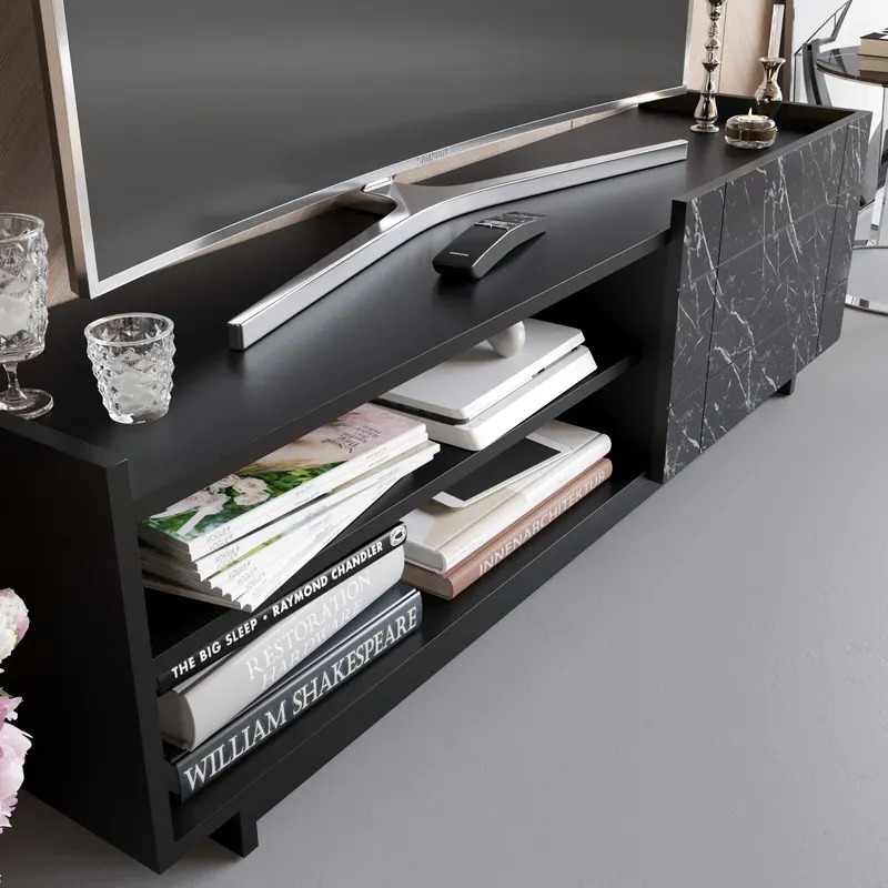 Comodă TV Valantina, Diverse culori, 140x37x41 cm - Negru - Marble