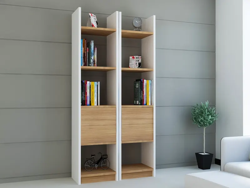 Bibliotecă Esbi 102, Diverse culori, 66x30x150 cm - Alb - Teak