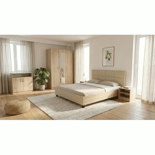 Dormitor Soft Sonoma cu pat tapitat bej pentru saltea 160x200 cm