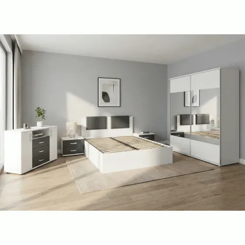 Dormitor Laguna cu pat 160x200 cu lada Alb cu Gri