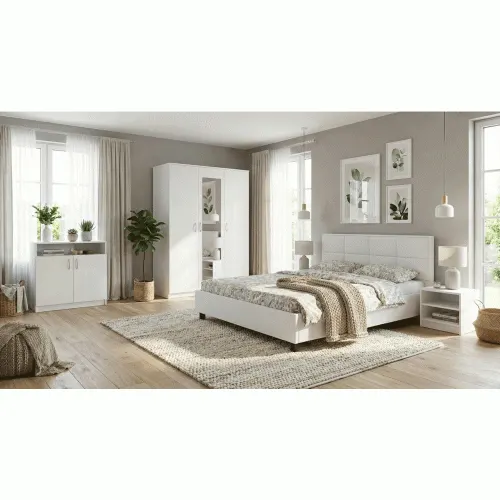 Dormitor Soft Alb cu pat tapitat alb pentru saltea 160x200 cm