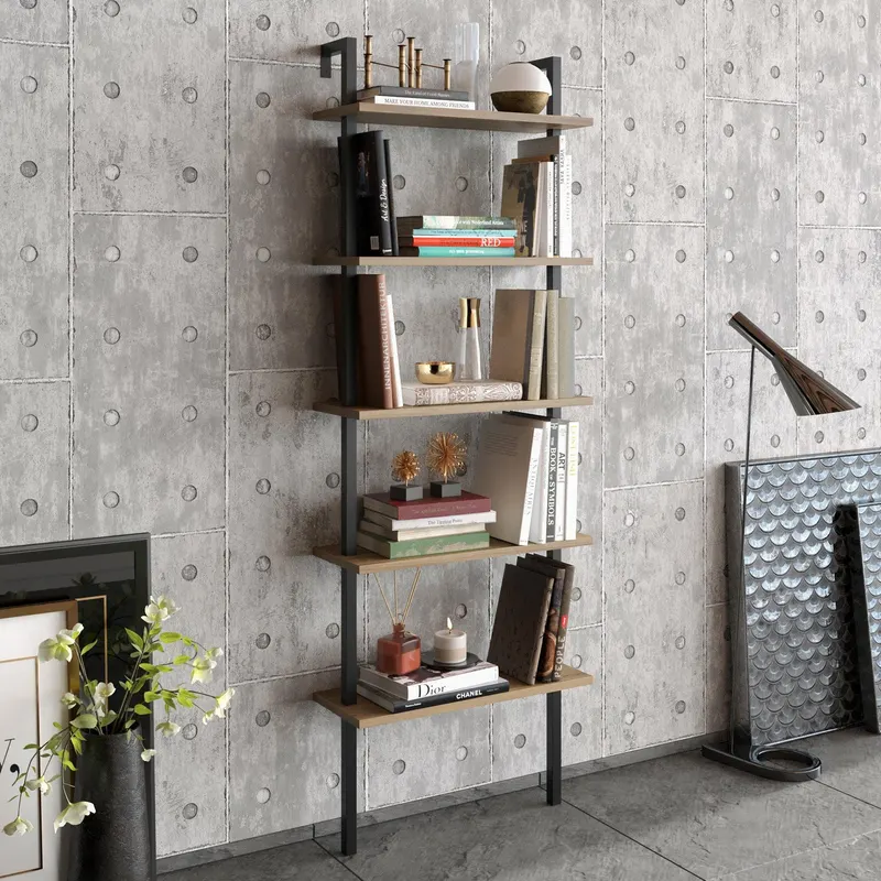 Bibliotecă Piante, Diverse culori, 60x22x174 cm - Nuc - Negru