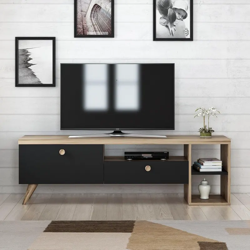 Comodă TV Parion, Diverse culori, 150x35x47 cm - Negru - Stejar