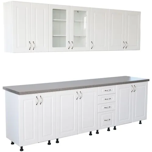 Bucatarie Zebra 260 cm din MDF Alb Lucios cu blat termoizolant imitatie gri