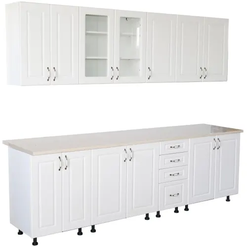 Bucatarie Zebra 260 cm din MDF Alb Lucios cu blat termoizolant imitatie Alb / Bej