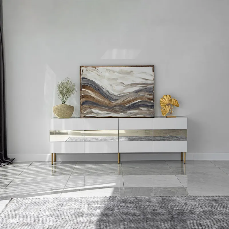 Comodă TV Leon, Diverse culori, 180x35x59 cm - Alb - Auriu