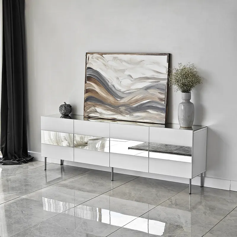 Comodă TV Leon, Diverse culori, 180x35x59 cm - Alb - Argintiu