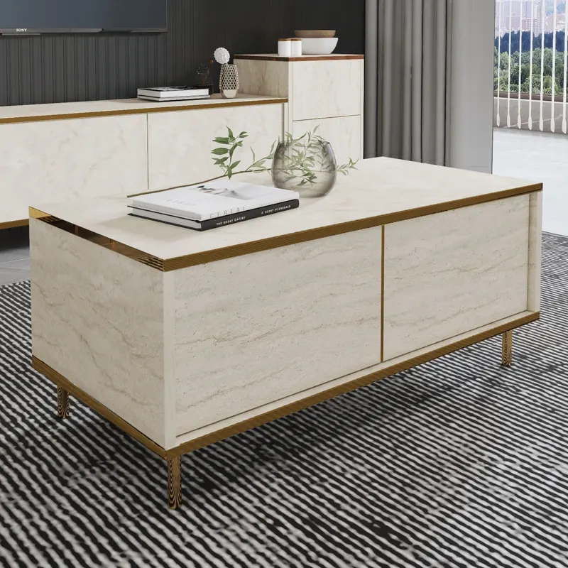 Măsuță de cafea Imaj, Diverse culori, 90x45x40 cm - Travertin - Auriu